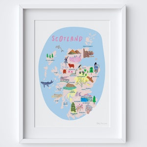 Carte peinte de l’Écosse Art Print - Cadeau de voyage écossais - Art mural traditionnel - Lieux à visiter des monuments