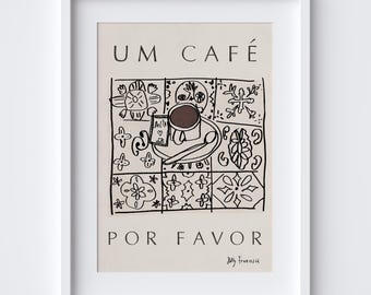 Portuguese Coffee Art Print - Portugal Travel Poster - Portuguese Trip Wall Art Gift - Cafe Tiles Table Design Azulegos - DIGITAL DOWNLOAD