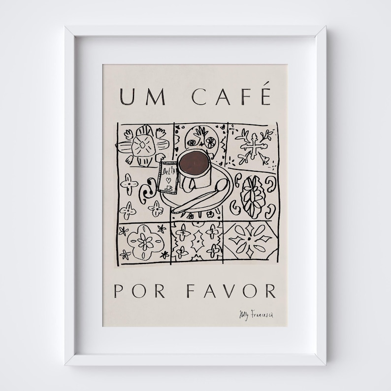 Portuguese Coffee Art Print - Portugal Travel Poster - Portuguese Trip Wall Art Gift - Cafe Tiles Table Design Azulegos - DIGITAL DOWNLOAD image 1