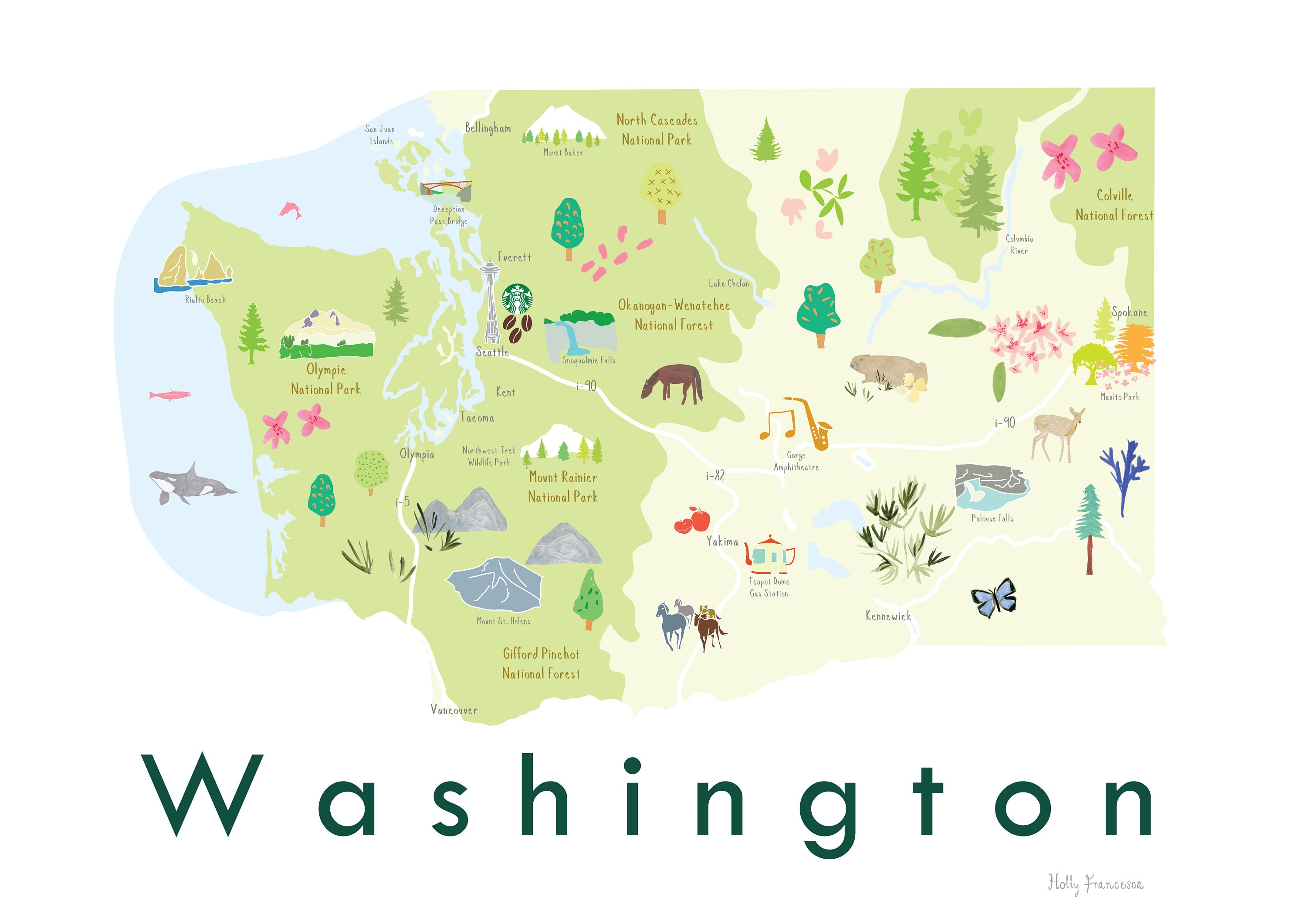 Map of Washington State Art Print | Illustrated USA Travel Poster ...