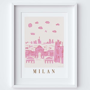Milan, Italy Skyline Cityscape Landmarks Viewpoint Scene Art Print - Travel Gift - Pink
