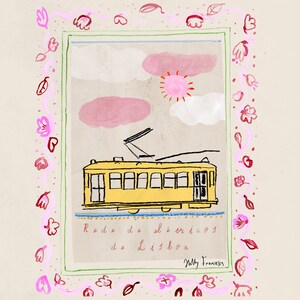 May include: A colorful illustration of a yellow tram with the text "Rede do el&eacute;tricos de Lisboa" and the signature "Mily Franeker" below. The illustration is framed with pink and red flowers and the words "LISBOA" and "PORTUGAL" in blue.