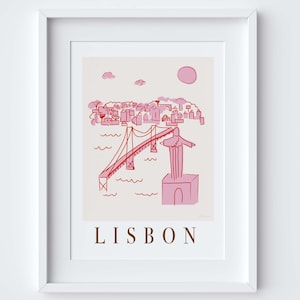 Lisbon Portugal Skyline Art Print | Cityscape Landmarks Poster | Pink Travel Wall Art | Lisbon Viewpoint Scene | Portuguese Gift