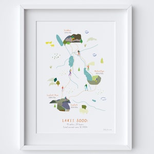 Lakes 3000 Challenge Art Print - Carte routière - Parc national lake district - Cadeau pour cyclistes, randonneurs ou coureurs