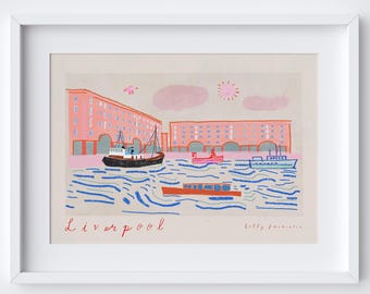 Liverpool Painted Scene - Royal Albert Docks Poster - Merseyside Landmark Art Print - Travel Art Poster Liverpool Gift