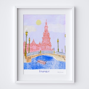 Seville Illustrated Poster - Plaza de Espana Art Print - Spain Travel Scene - Spanish Landmark Travel Print Souvenir Gift