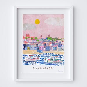 St Peter Port Art Print – Guernsey Viewport geïllustreerde scène - Britse Kanaaleilanden reisposter - Guernsey Wall Art Decor reiscadeau