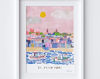 St Peter Port Art Print – Guernsey Viewport Illustrated Scene - UK Channel Islands Travel Poster  - Guernsey Wall Art Decor Travel Gift