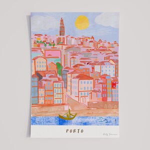 May include: A colorful illustration of the city of Porto, Portugal. The illustration features a cityscape with buildings in shades of pink, orange, and yellow. A small boat is in the water in the foreground. The text "PORTO" is written in the bottom center of the image.