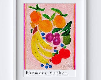 Farmers Market Food Produce Art Print - Watercolour Pastel Poster - Fruit & Vegetables - Kitchen Poster - Natural Art