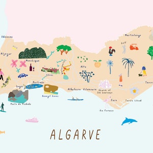 Map of The Algarve Art Print Illustration Southern Portugal Travel Poster Mediterranean Peach land