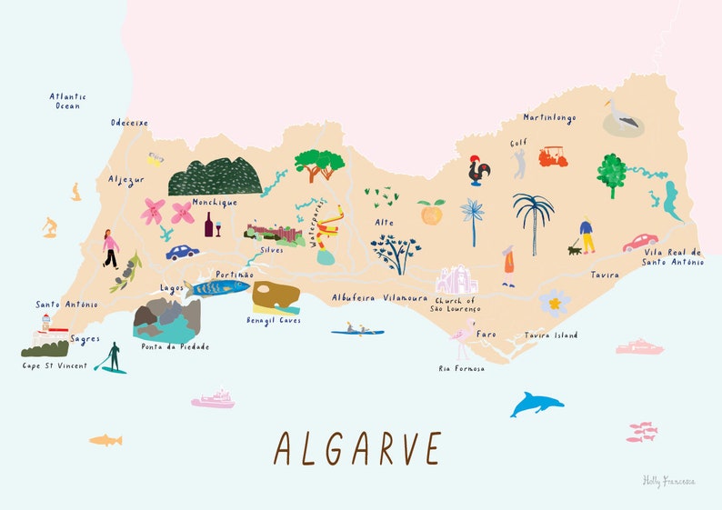 Map of The Algarve Art Print Illustration Southern Portugal Travel Poster Mediterranean Peach land