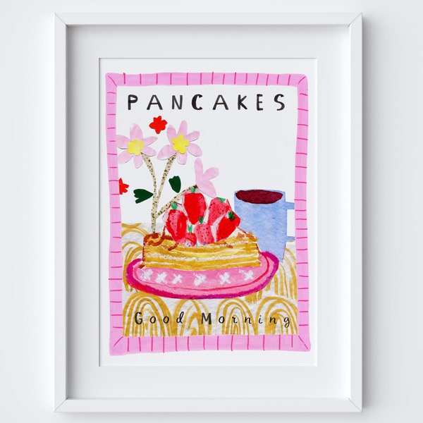 Good Morning Pancakes Art Print - Mixed Media Watercolour Collage - Breakfast Brunch Kitchen Poster - Food Art