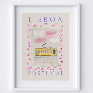May include: A colorful illustration of a yellow tram in Lisbon, Portugal. The tram is surrounded by pink and green flowers and the text "Lisboa" and "Estrada de Ferro de Lisboa" is visible.