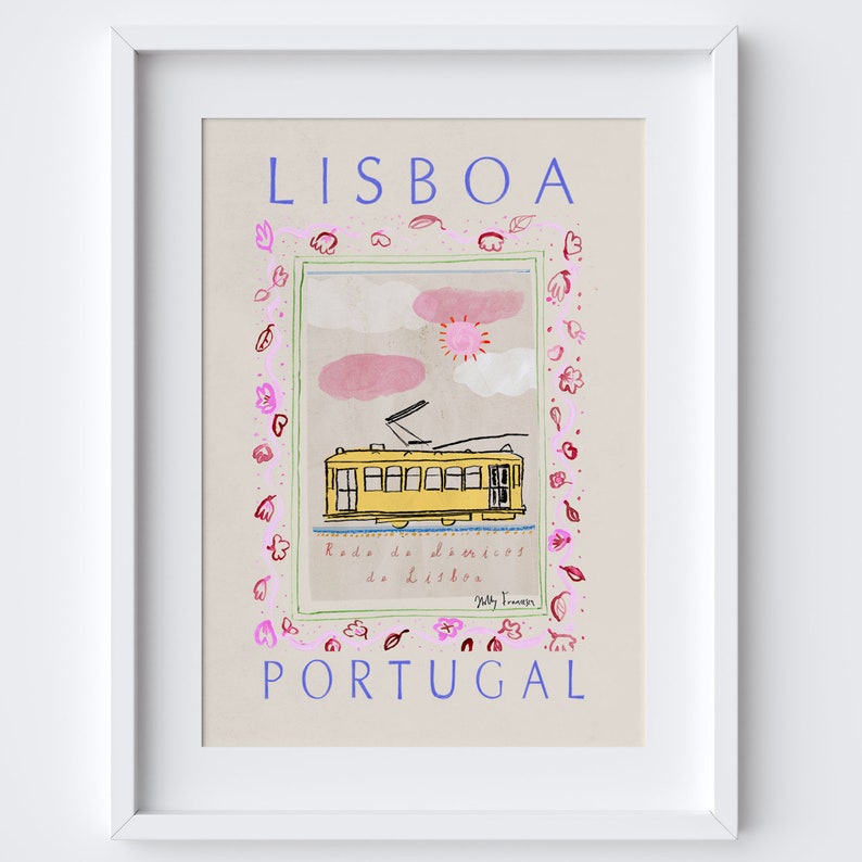 May include: A colorful illustration of a yellow tram in Lisbon, Portugal. The tram is surrounded by pink and green flowers and the text "Lisboa" and "Estrada de Ferro de Lisboa" is visible.