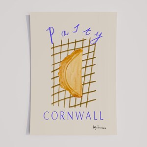 May include: A watercolor illustration of a Cornish pasty on a brown grid background. The text "Pasty" is written in blue above the pasty and "Cornwall" is written in blue below the pasty. The artist's signature "Mary Francesca" is written in blue below the text "Cornwall".