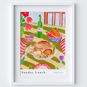 Sonntag Mittagessen Art Print - Braten Dinner Aquarell Pastell Poster - Küchen Poster - Food Art