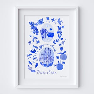 Barcelona Scenes Poster - Blue Spanish 'Azulejo' tiles - Painted Barcelona Art Print - Spain Travel Art Gift Souvenir - Sagrada Familia Art