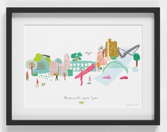 Newcastle upon Tyne Skyline Art Print | Poster met stadsgezichten, bezienswaardigheden | Muurkunst in Noordoost-Engeland | Britse reisdecoratie | Newcastle-cadeau