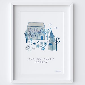 Chelsea Physic Garden, Londres Impressão artística - Marco de ilustração do sudoeste de Londres - Design de tinta Blue Heritage - Arte botânica de flores do Tâmisa