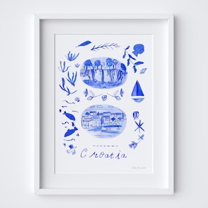 Póster de escenas de Croacia: impresión de Dubrovnik y los lagos de Plitvice: impresión artística croata pintada con acuarela inspirada en azulejos azules: regalo de viaje y recuerdo