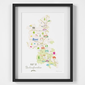 Carte du Buckinghamshire, impression d'art | Carte illustrée du comté du Royaume-Uni | Poster d'art mural Buckinghamshire