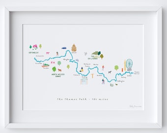 Personalised Thames Path Art Print Challenge Map - Hiking Route - Gift for Travel - Route Map