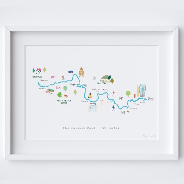Thames Path Art Print Challenge Map - Hiking Route - Gift for Travel - Route Map