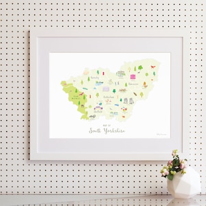 Impression d'art de carte du sud du Yorkshire | Art mural illustré du comté | Décoration du Yorkshire | Affiche de carte du Royaume-Uni | Cadeau pour les marcheurs et les habitants