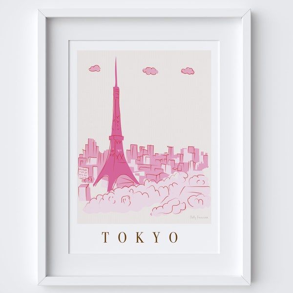 Tokyo, Japan Skyline Cityscape Landmarks Viewpoint Scene Art Print - Travel Gift - Pink - Tokyo Tower