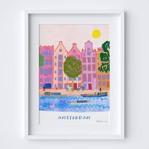 Poster di Amsterdam, Paesi Bassi - Stampa artistica di case sui canali olandesi, stampa di monumenti iconici, stampa di viaggio - regalo di viaggio in Olanda