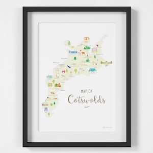 Kaart van de Cotswolds Art Print - gebied gevormd door Gloucestershire, Oxfordshire, Warwickshire, Wiltshire en Worcestershire - Cotswolds-poster