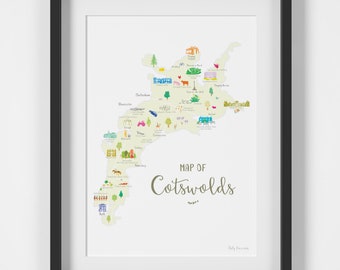 Impresión artística del mapa de los Cotswolds: área formada por Gloucestershire, Oxfordshire, Warwickshire, Wiltshire y Worcestershire - Póster de los Cotswolds