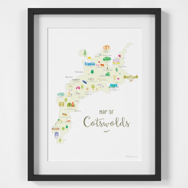 Impression d'art de la carte des Cotswolds - Région formée du Gloucestershire, de l'Oxfordshire, du Warwickshire, du Wiltshire et du Worcestershire - Poster des Cotswolds