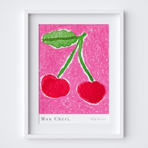 Mon Chéri Food Art Print - Cherries Watercolour and Pastel Fruit Poster - Whimsical Kitchen Decor - Sweet Food Wall Art Illustration Gift