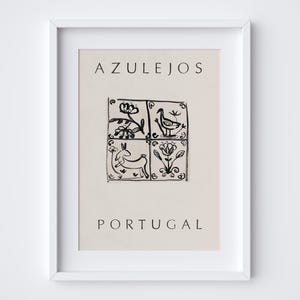 May include: A black and white illustration of traditional Portuguese tile designs, known as azulejos, featuring a bird, a rabbit, and floral motifs. The text "AZULEJOS PORTUGAL" is printed below the illustration.