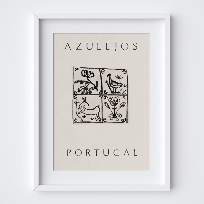 May include: A black and white illustration of traditional Portuguese tile designs, known as azulejos, featuring a bird, a rabbit, and floral motifs. The text "AZULEJOS PORTUGAL" is printed below the illustration.