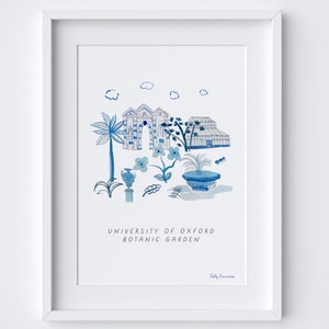 Impressão artística do jardim botânico de Oxford - Marco de ilustração de Oxfordshire - Design de tinta azul Heritage - Pôster de arte de flores botânicas inglesas