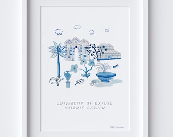 Oxford Botanic Garden Art Print - Oxfordshire Illustration Landmark - Blue Heritage ink design - English Botanical Flower Art Poster