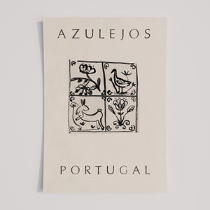 May include: A black and white illustration of four Portuguese tiles with a bird, rabbit, and floral designs. The tiles are labeled "AZULEJOS PORTUGAL".