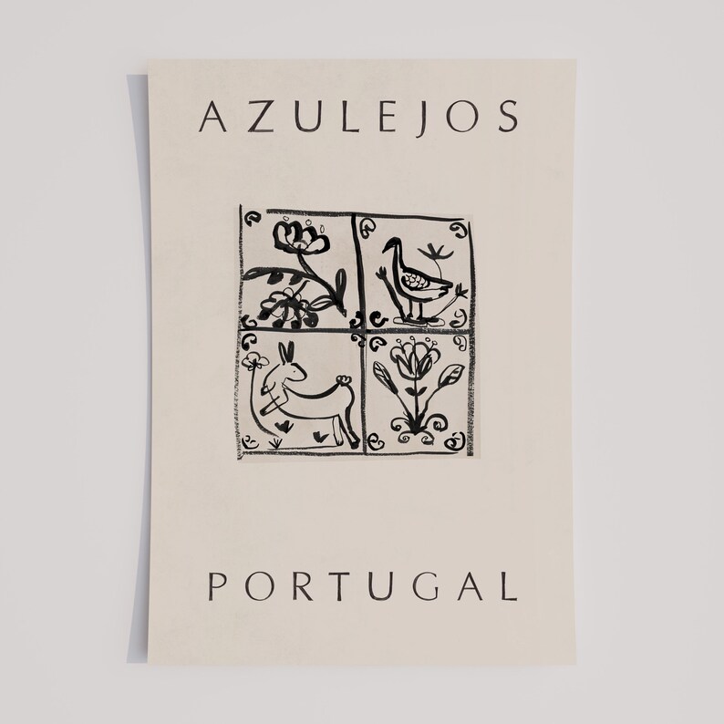 May include: A black and white illustration of four Portuguese tiles with a bird, rabbit, and floral designs. The tiles are labeled "AZULEJOS PORTUGAL".