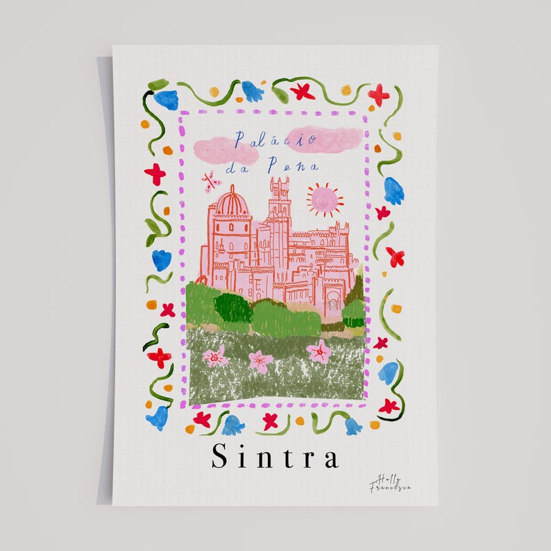 May include: A colorful illustration of the Palacio da Pena, a pink castle with a green roof, surrounded by a border of flowers. The text "Palacio da Pena" and "Sintra" are written below the castle.