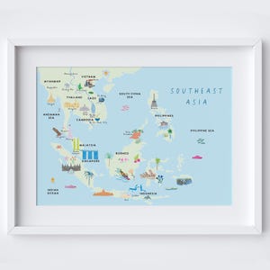Map of South East Asia Art Print – Illustrated Regional Poster – Asia Travel Wall Art – Tropical Countries Map – Backpacker Gift
