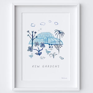 Royal Botanic Gardens em Kew, Londres Art Print - South West London Illustration Landmark - Design de tinta Blue Heritage - TW9 Botanical Flowers