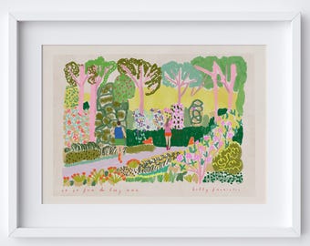Pode incluir: Uma impressão de arte emoldurada retratando uma cena de jardim colorida. A obra apresenta árvores estilizadas, flores e figuras em um cenário semelhante a um parque. A paleta de cores inclui tons de rosa, verde, amarelo e azul. Texto na parte inferior: "le ce jour de long mas".