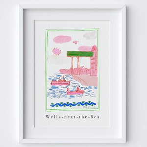 The Granary Art Print - Wells-next-the-Sea, North Norfolk Coast Scene Art - Patterned Landscapes: Heritage Pink Edition - Travel Art Poster