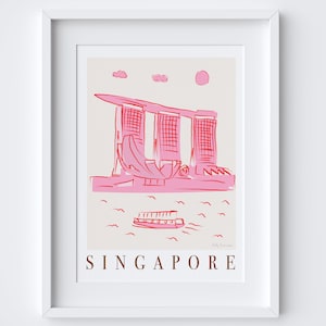 Singapore Skyline Cityscape Landmarks Viewpoint Scene Art Print - Travel Gift - Pink - Marina Bay
