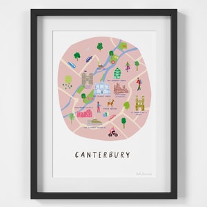 Mapa de Canterbury, Kent - Impressão artística ilustrada - Guia da cidade - Presente de pôster de viagem