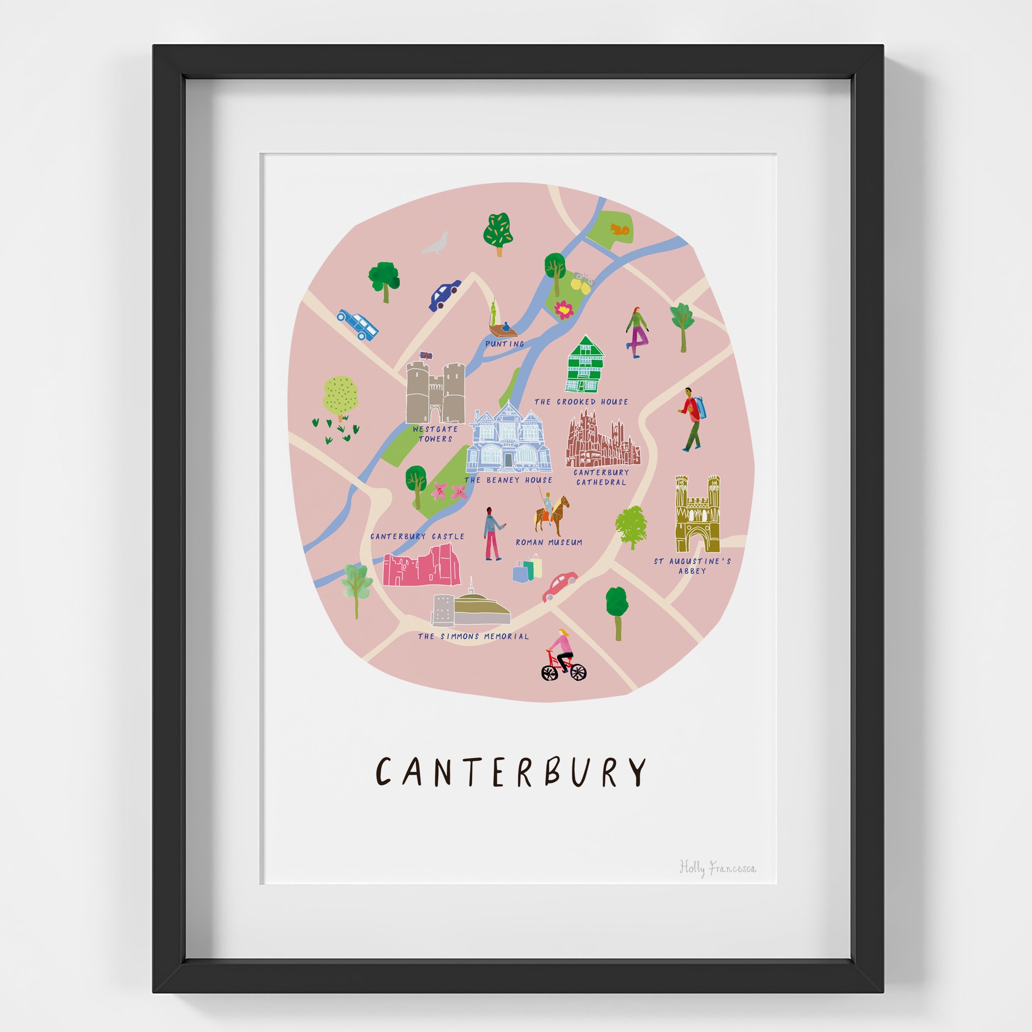 カンタベリー、ケントの地図 - イラスト入りアートプリント - 都市