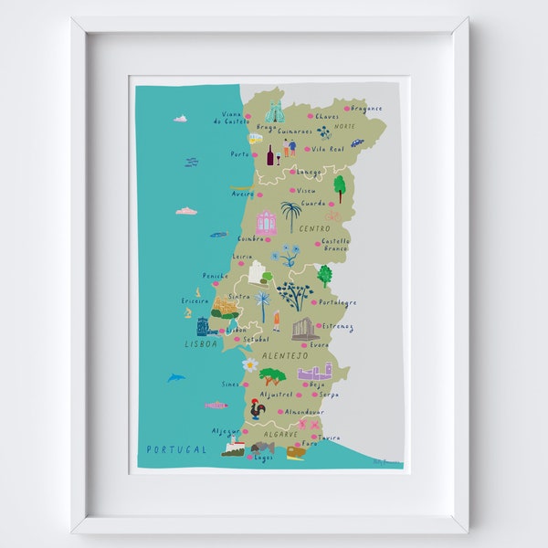 Map of Portugal Art Print - Illustration - North Central Algarve Regions - Porto Lisbon Evora